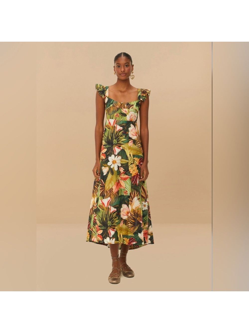 Farm Rio Botanical Forest Multicolor Scoop Neck Ruffled Strap Maxi Dress